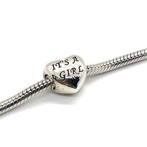sterling silver pandora Charm heart It's A Girl Handprint Pink Stone ‎ 925 Charm